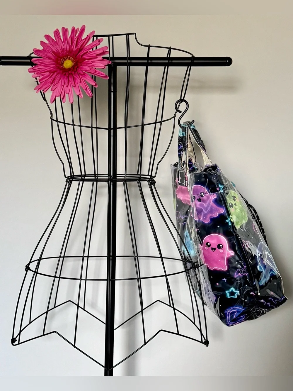 New Halloween Colorful Ghosts & Bats Black PVC Handbag Purse Tote Bag w/ Charm